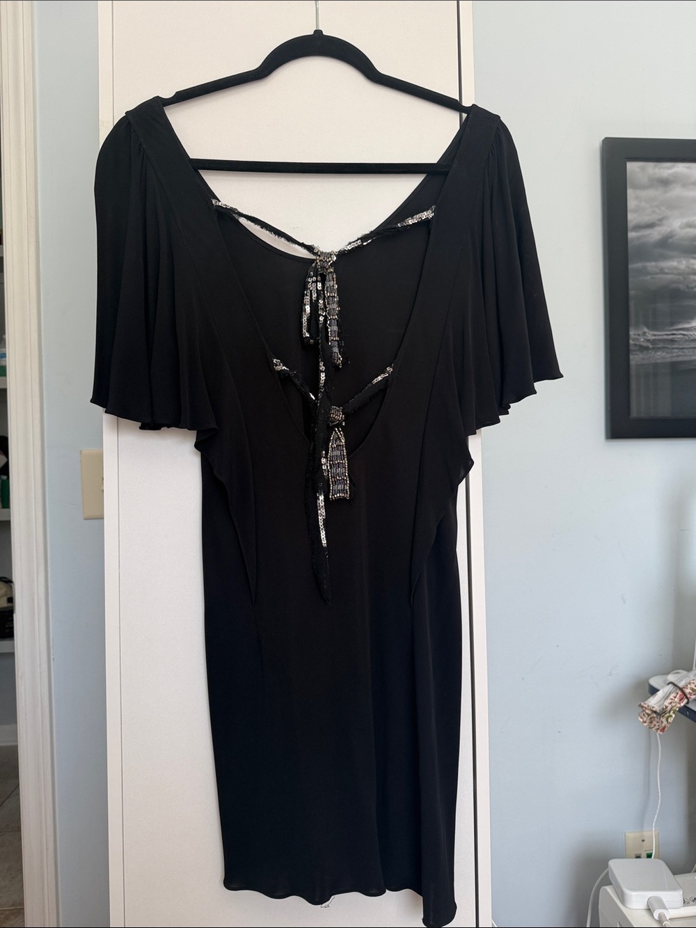 Elegant Black Evening Dress with Beaded Tie Detail